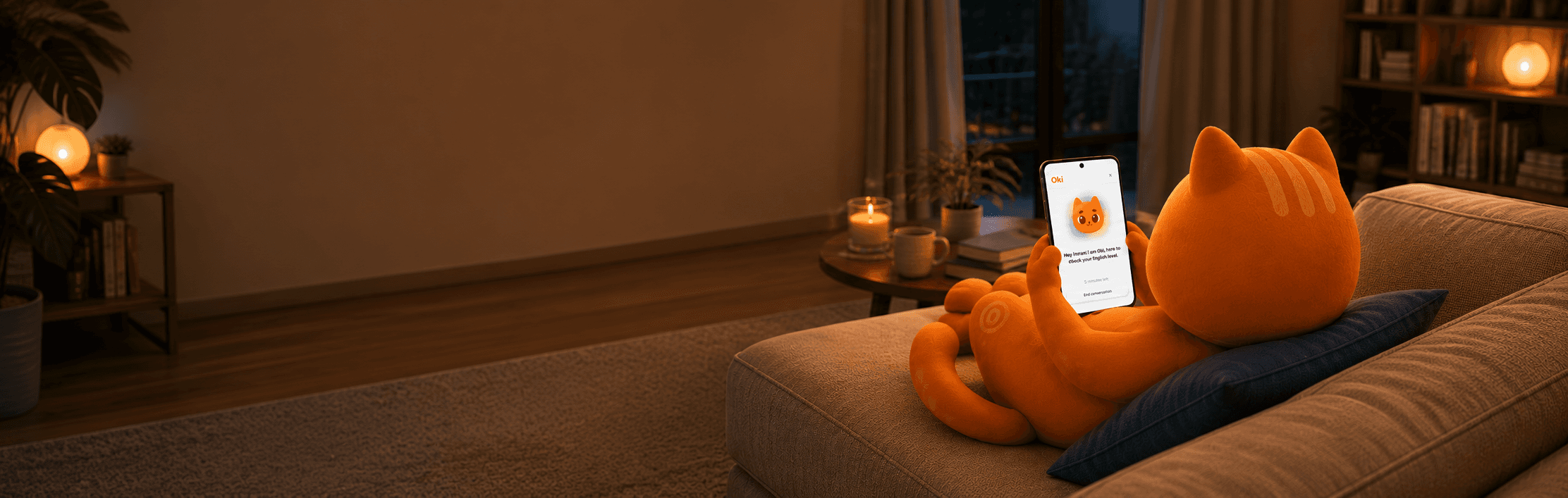 Oki on the couch chatting in the app